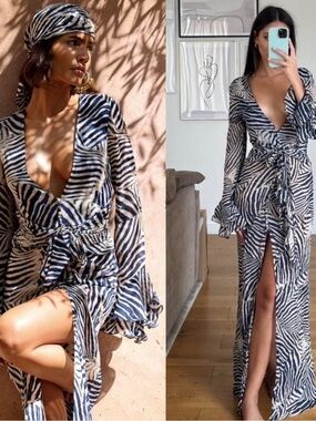 Rat & Boa Navy Thalia Maxi Zebra Print Wrap Dress in Black & White S